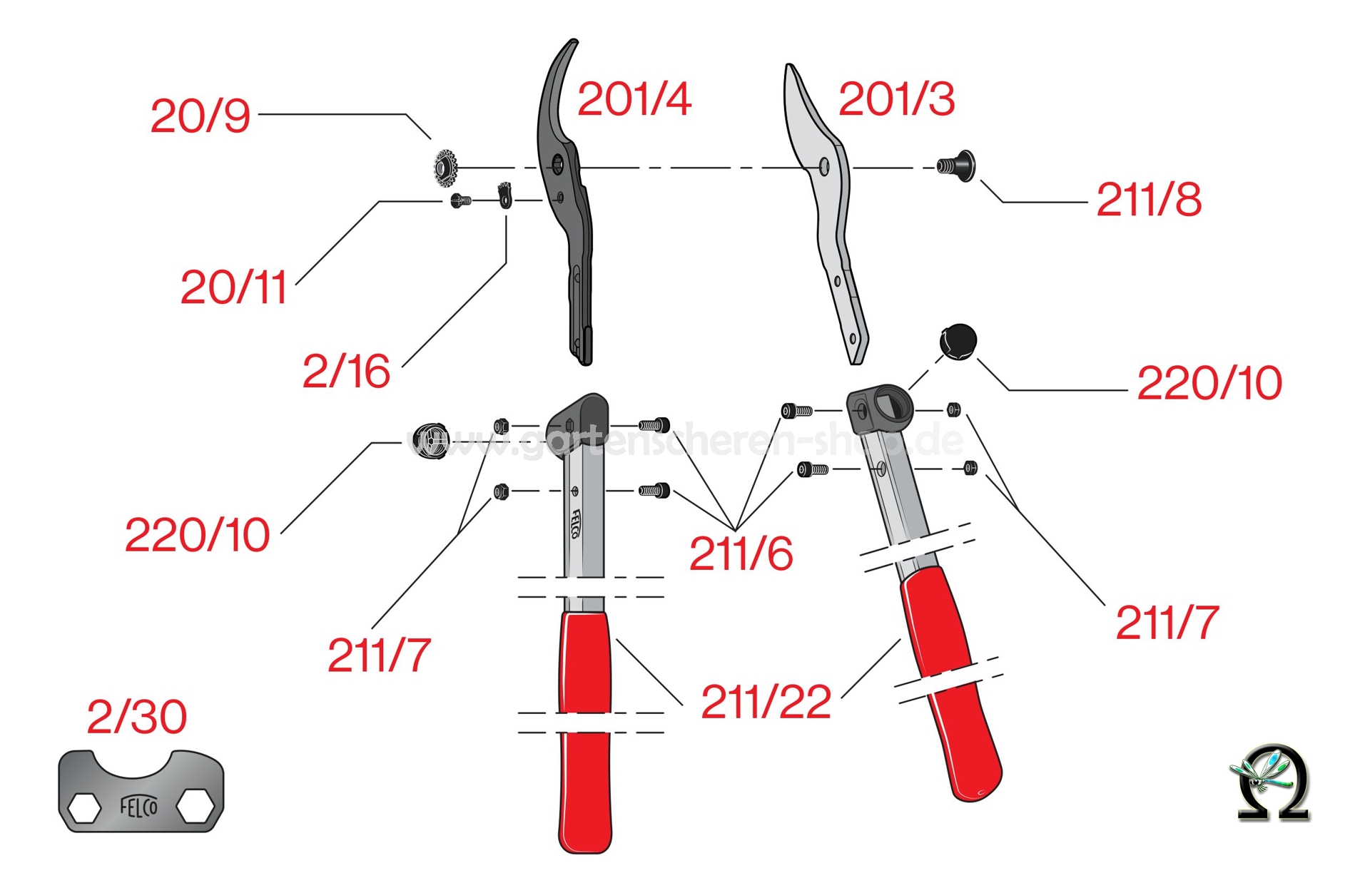 Astschere Felco 201-40 m. ziehendem Schnitt, Zeichnung der Einzelteile
