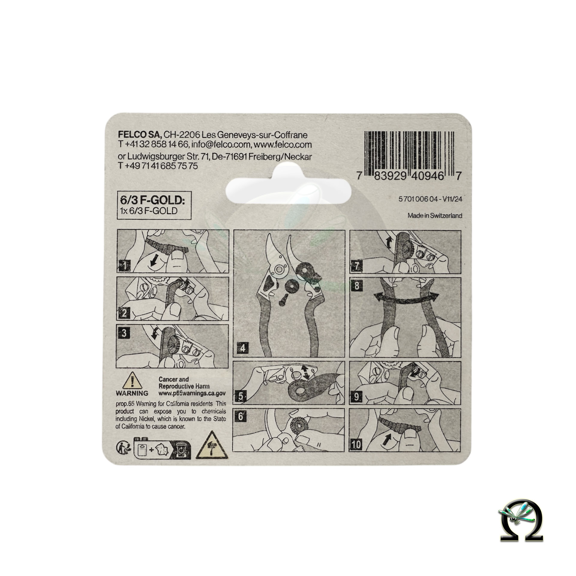 Die Rückseite der Verpackung der Ersatz-Klinge 6/3 F-Gold mit einer Austauschanleitung