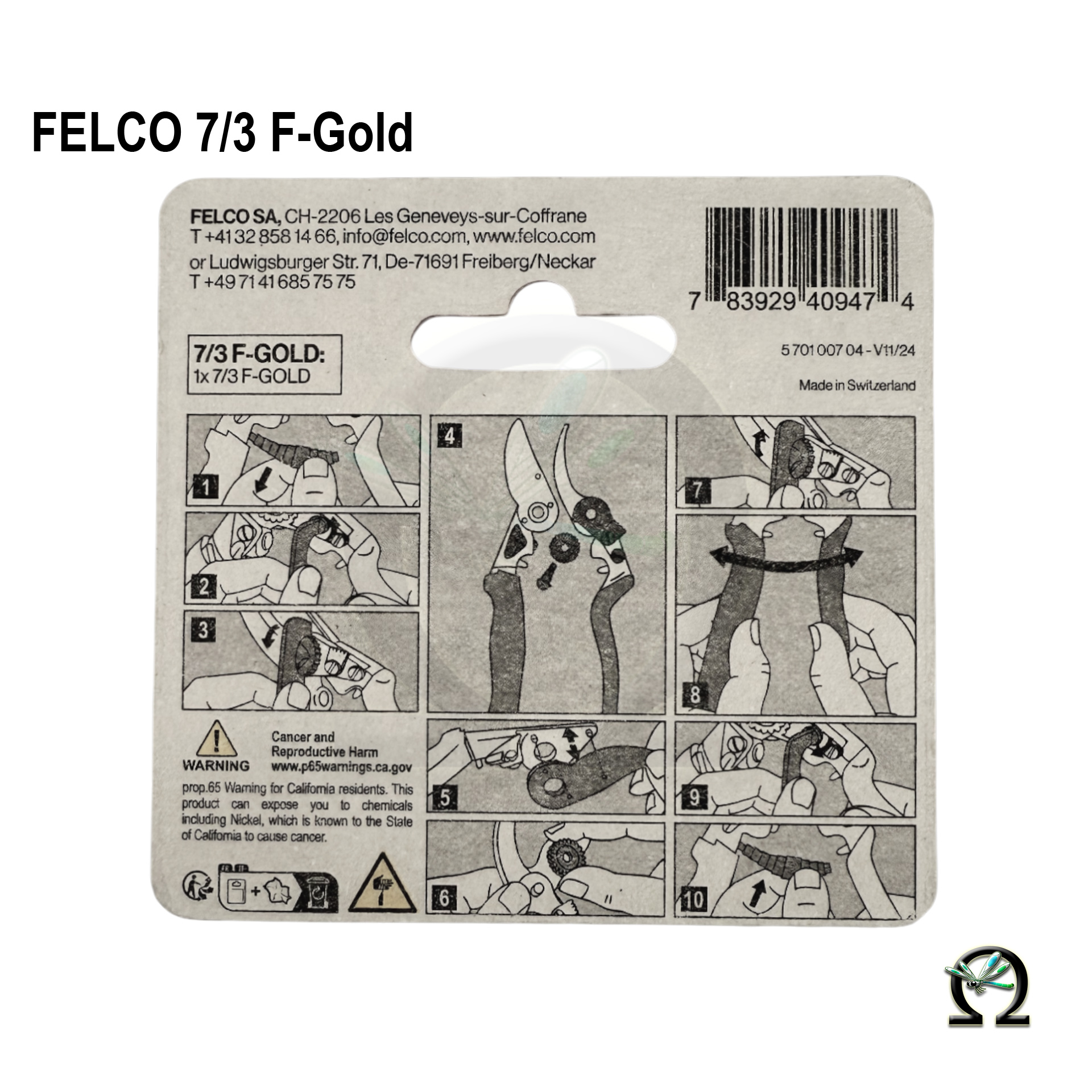 Die Rückseite der Verpackung Ersatz-Klinge 7/3 F-Gold mit einer Austauschanleitung