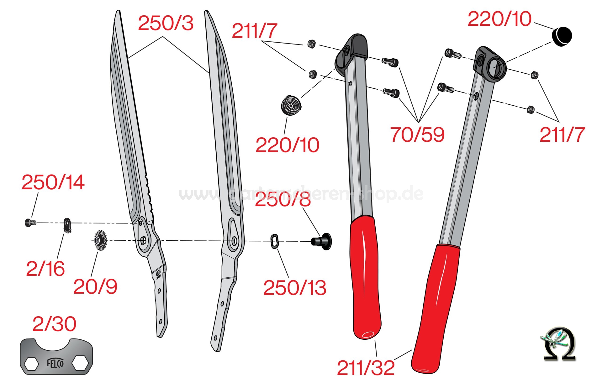 Heckenschere Felco 250-63, Zeichnung der Einzelteile