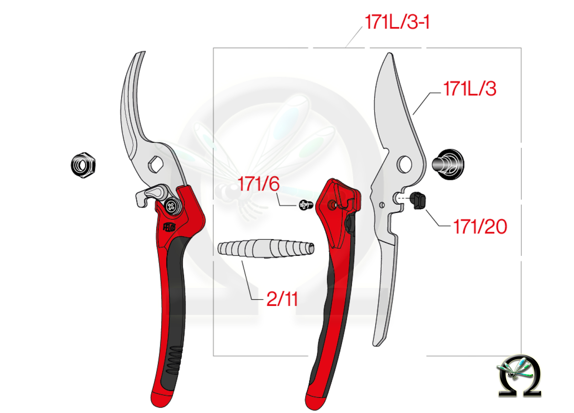 Gartenschere FELCO 171L, Explosionszeichnung mit Ersatzteilnummern
