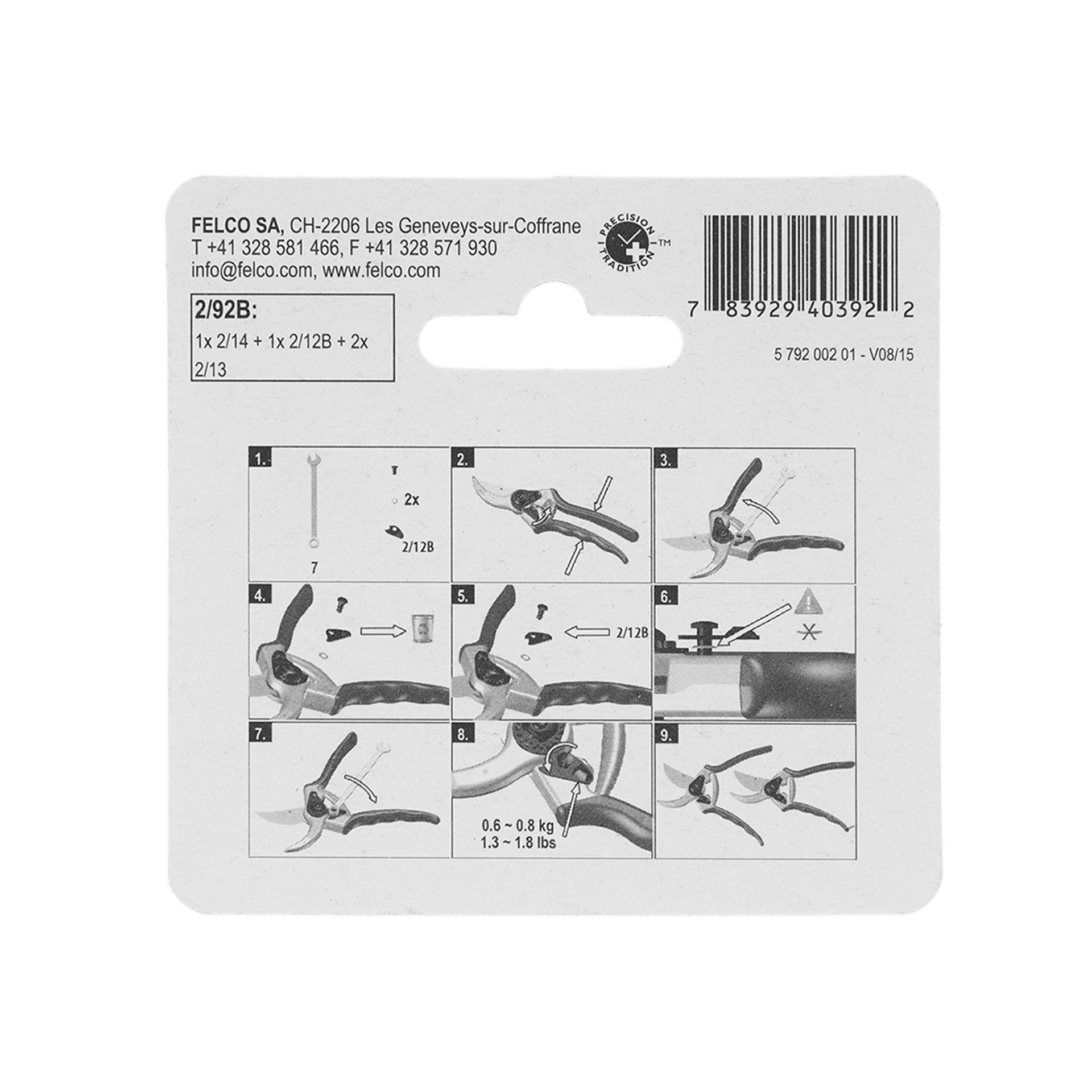 Reparatursatz 2/92B, Rückseite der Verpackung