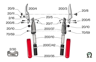 Zweihand-Baumschere Felco 200C-60, Zeichnung der Einzelteile