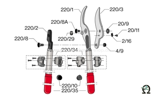 Getriebe-Astschere Felco 220, Zeichnung der Einzelteile