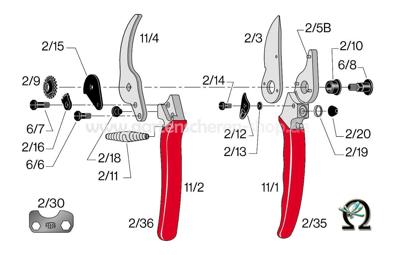 Gartenschere Felco 11, Zeichnung der Einzelteile
