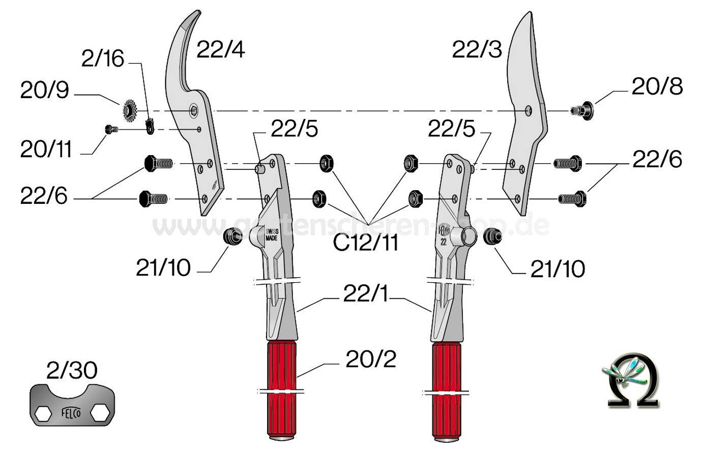 Felco 22, Zeichnung der Einzelteile